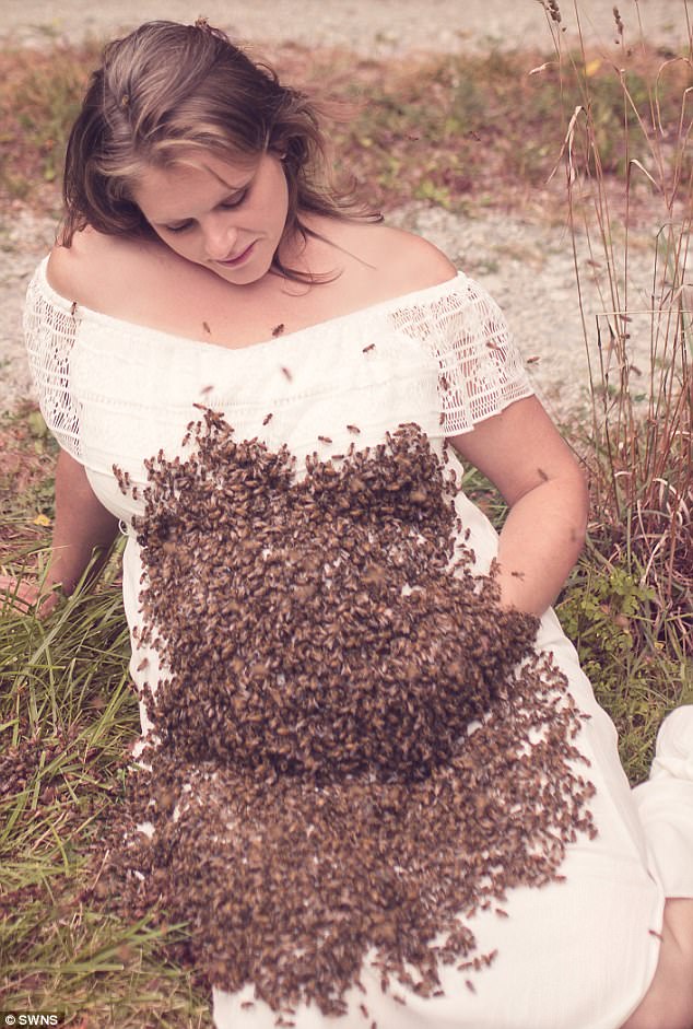 Mujer embarazada se fotografía con miles de abejas