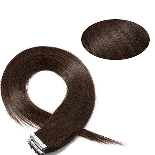 16"(40cm) Extensiones de Cabello Natural con Cinta Adhesiva 100% Remy Pelo Humano Liso Largo Tape in Hair Extensions 20 Unidades (50g,#4 Marrón Medio)