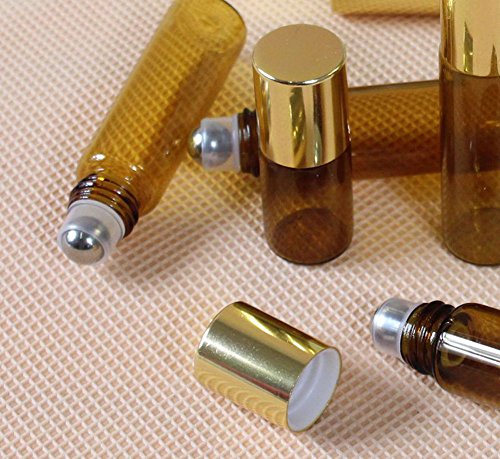 5 botellas de cristal de color ámbar rellenable con sistema de roll-on, 3 ml, bola de metal y tapón dorado