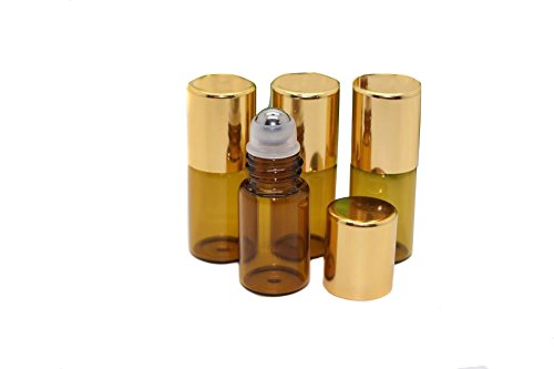 5 botellas de cristal de color ámbar rellenable con sistema de roll-on, 3 ml, bola de metal y tapón dorado