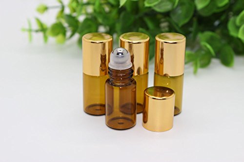 5 botellas de cristal de color ámbar rellenable con sistema de roll-on, 3 ml, bola de metal y tapón dorado