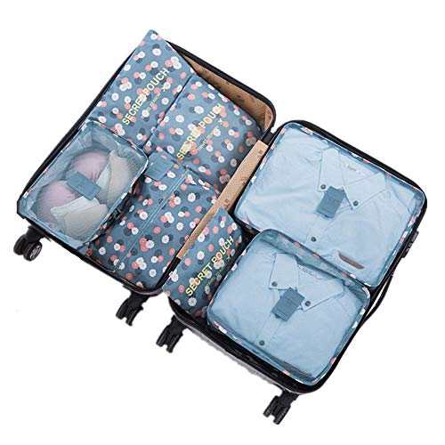 7 Set de Organizador de Equipaje, Impermeable Organizador de Maleta Bolsa para Ropa Sucia de Viaje, Material Nylon（2Blue Flower）