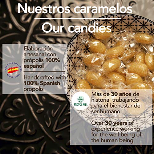 75 g - Caramelos de Propoleo Sin gluten y Sin azucar. Elaborado con propolis puro finamente troceado. Recomendado para el mal aliento, el aparato bucal y la garganta.