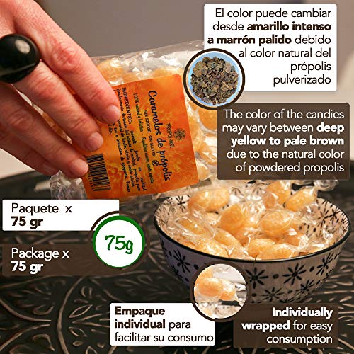 75 g - Caramelos de Propoleo Sin gluten y Sin azucar. Elaborado con propolis puro finamente troceado. Recomendado para el mal aliento, el aparato bucal y la garganta.