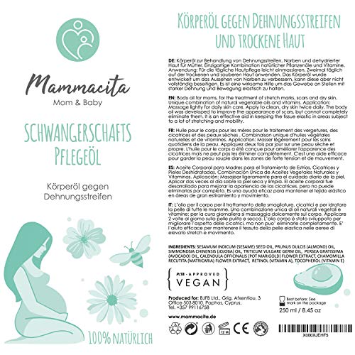 Aceite Contra las Estrías, sin perfume. Aceite de Cuidado para la Barriga del Bebé. Aceite de embarazo con vitamina A y E. Cosméticos naturales. También para la cicatriz de la casia. 250 ml