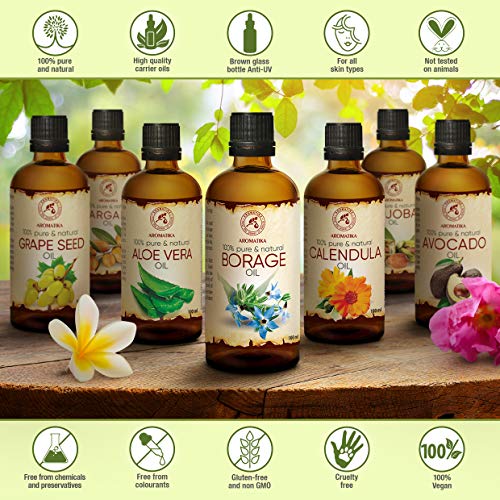 Aceite de Semilla de Borraja 100ml - Borago Officinalis Seed Oil - 100% Puro y Natural - Grandes Beneficios para la Piel - Cabello - Cara - Cuidado del Cuerpo - Botella de Vidrio