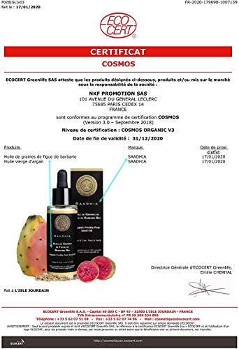 Aceite de semillas de higo chumbo, certificación ecológica, vegetal puro y 100% natural Cara, contorno de ojos y cuello.-