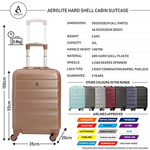 Aerolite - Maleta Ligera de 55 cm con Carcasa rígida de 4 Ruedas para Llevar en la Cabina de Mano o Equipaje de Mano Aprobado para easyJet British Airways Ryanair, Oro Rosa