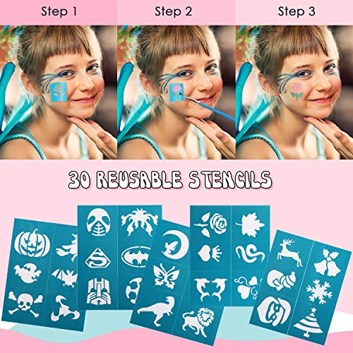 amzdeal Pintura Facial con 14 Colores Pintura Cara para la Fiesta Navidad Kit de Pintura Maquillaje como Regalos de los niños con Polvo Brillo*2, Pigmento*14 y Pincel*2