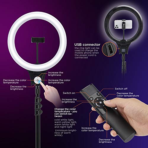 Anillo de Luz con Trípode, TURATA 12"/ 31cm Aro de Luz LED Adjustable Ring Light para Selfie con Soporte para Teléfono con Pantalla Táctil y Control Remoto TikTok/Youtube/Maquillaje/Vlog/Blog