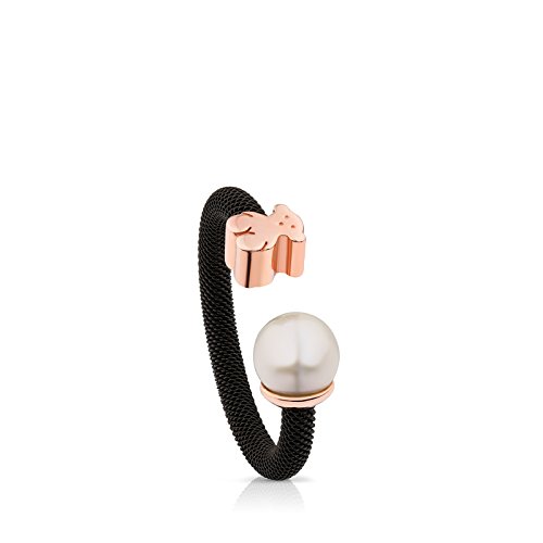 Anillo TOUS Icon Mesh de acero IP negro y plata vermeil rosa con perla de 0,65 cm