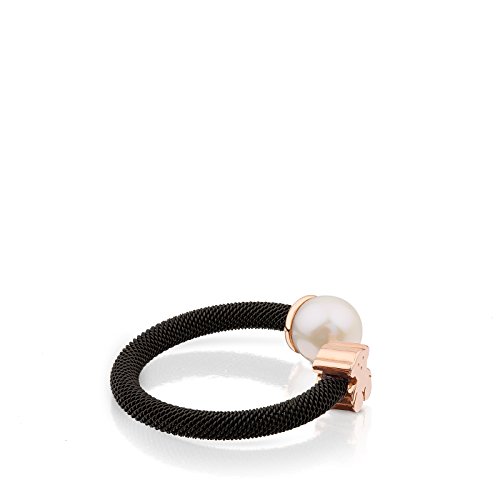 Anillo TOUS Icon Mesh de acero IP negro y plata vermeil rosa con perla de 0,65 cm