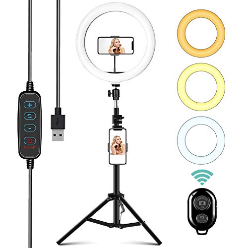 Aro de Luz con Trípode 10", ITSHINY LED Anillo de Luz 3 Colores 11 Brillos Regulables, Wireless Control Remoto y Alimentado por USB, Aro de luz para Movil Tiktok Fotografía Maquillaje Selfie Youtube