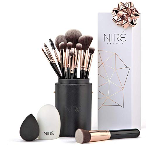 Artistry Set de Niré: brochas de maquillaje veganas con estuche de brochas, esponja Niré Beauty y cepillo limpiador de brochas