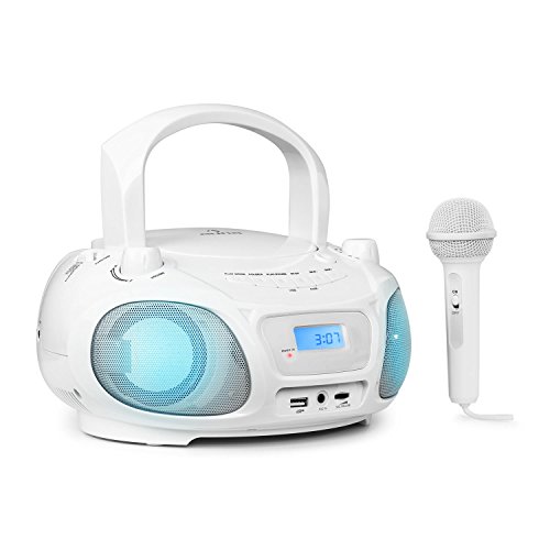 auna Roadie Sing CD - Boombox , Radio con CD , Reproductor de CD , Karaoke , Tamaño Compacto , Efecto Luminoso LED , Conectividad Bluetooth , Micrófono , con Cable o con Pilas , Blanco