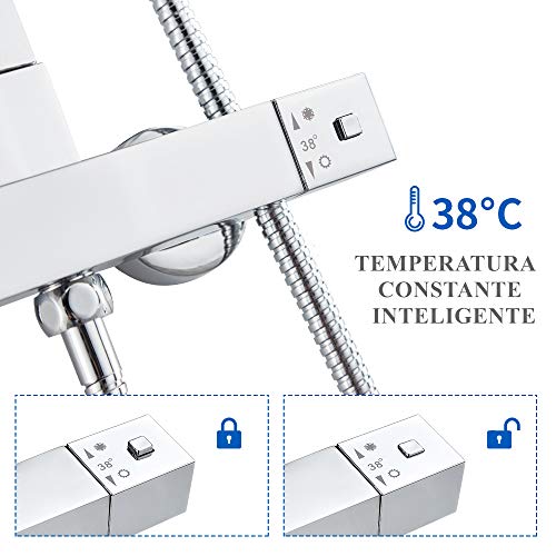 AuraLum Conjunto de Ducha Termostatico - Set de Ducha con Mezclador Termostática, Rociador Ducha Lluvia 20x20cm, Mano de Ducha (Latón Cromado)