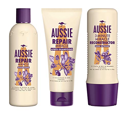 Aussie, Routine Capillaire, Repair Miracle et Reconstructor, à l'Huile de Graines de Jojoba, Shampoing 300ml, Après-shampoing 200ml et Soin Cheveux 250 ml