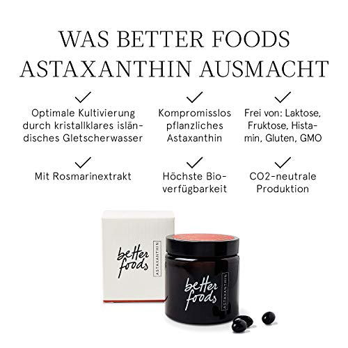 Better Foods Complejo de Astaxantina y Vitamina E con Extracto Natural de Romero I Comprimido Antioxidante, Antiinflamatorio y Vegano I 80 Cápsulas à 4 mg Astax