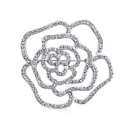 Bling Jewelry Bridal Pave Zirconio Cúbico CZ Gran Flor Rosa Broche para Mujer El Día De La Madre Regalos De Latón Chapados En Plata.