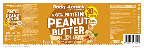 Body Attack Peanut Butter Natural 30% Protein Sugar & Fat Free Crunchy 1 kg