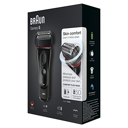 Braun 5030 Series 5 - Afeitadora Eléctrica Hombre, Afeitadora Barba, Recortador de Precisión Extraíble, Recargable e Inalámbrica, Negro/Rojo