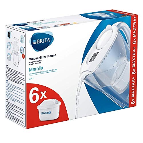 BRITA Marella blanca Pack Ahorro – Jarra de Agua Filtrada con 6 cartuchos MAXTRA+, Filtro de agua BRITA que reduce la cal y el cloro, Agua filtrada para un sabor óptimo, 2.4L