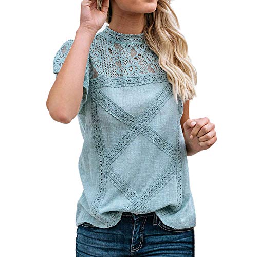 Camisetas Mujer SHOBDW Dia de la Mujer Verano Patchwork De Encaje Casual Ahuecar Volantes Manga Corta Suéter De Cuello De Tortuga Linda Blusa Floral Camiseta Blanca para Mujer (L, Azul)