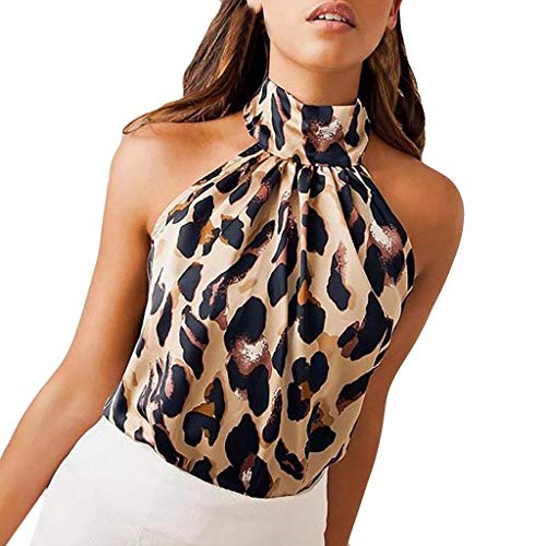 Camisetas sin Mangas Mujer SHOBDW Playa De Verano Estampado De Leopardo Cuello Halter Camisas De Chaleco Club Fuera del Hombro Blusa De Las Señoras Fiesta Nocturna Cami Tops para Mujeres(Caqui,XL)