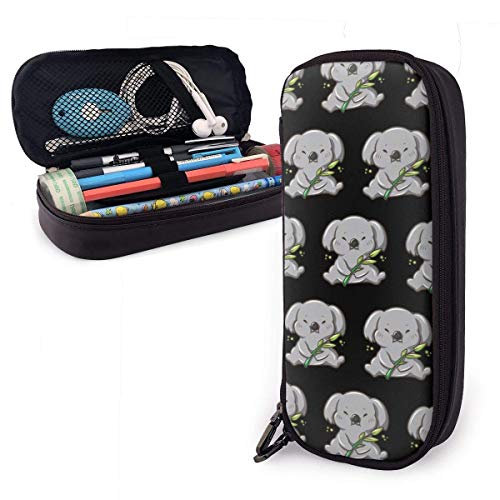 Cartoon Baby Coala Cute Animals Bamboo 136 PU Funda de lápiz de cuero Bolso para bolígrafo, Alta capacidad Doble cremallera Bolígrafo Caja Caja de maquillaje Bolsa Moneda