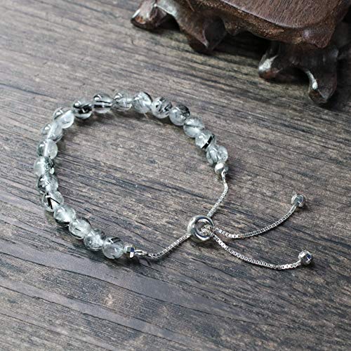 COAI Pulsera Deslizante de 925 Plata Esterlina con Piedra Cuarzo Negro Rutilado para Mujer