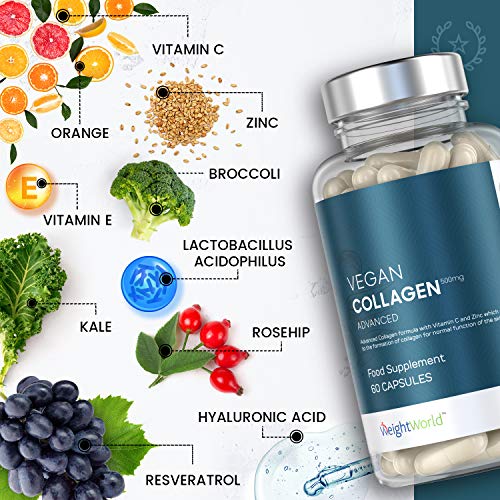 Colágeno 100% Vegano y de Origen Vegetal | Suplemento Natural Antiedad Con Resveratrol, Vitamina C, Zinc y Ácido Hialurónico, Regenera Cartílago, Piel, Huesos y Articulaciones 60 cápsulas de 500mg