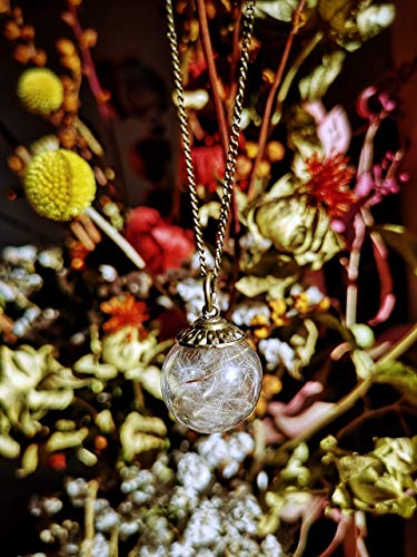 Colgante pequeño de Diente de León - Joya de estilo vintage con flores secas naturales - Bola de cristal de 20mm - Regalos originales para mujer - Regalo cumpleaños