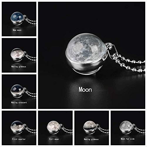 Collar Luna Fase Imagen Collar de Doble Cara Colgante de Arte Galaxy Planeta Bola de Cristal Cabujón Astronomía Colgante Collar Joyas-Depilación_Crescente