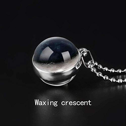 Collar Luna Fase Imagen Collar de Doble Cara Colgante de Arte Galaxy Planeta Bola de Cristal Cabujón Astronomía Colgante Collar Joyas-Depilación_Crescente