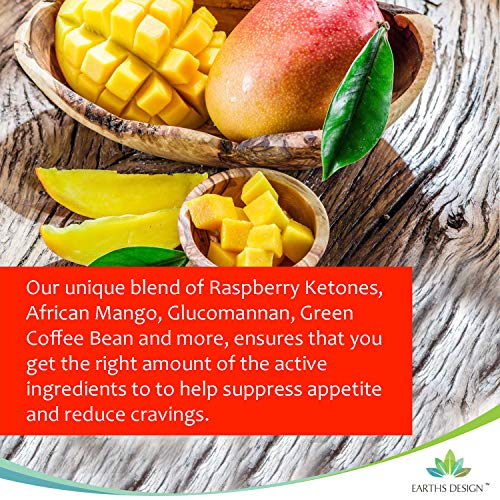 Complejo Mango Africano - Con Cetonas de Frambuesa, Capsicum, Café Verde y Glucomanano - Suplemento Máxima Concentración - Apto Vegetarianos - 90 Cápsulas (Suministro 3 Meses) de Earths Design