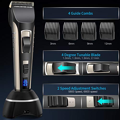 Cortapelos Profesional, Aiemok ultra silenciosa Recortadora de Barba y Pelo, Recargable Máquina Cortar Pelo Cuchilla Titanio Cortapelos Hombre con 4 Ajustes de Longitud, pantalla LCD, Traje Familiar