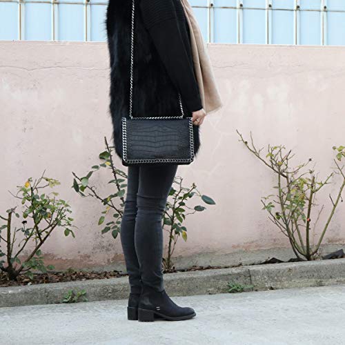 CRAZYCHIC - Bolso Cocodrilo Mujer - Bolso Bandolera Cadena Acolchado Piel Cuero PU Señora - Grande Mensajero Clutch Pochette Crossbody Bag - Bolso Cruzado Embrague Noche Negro