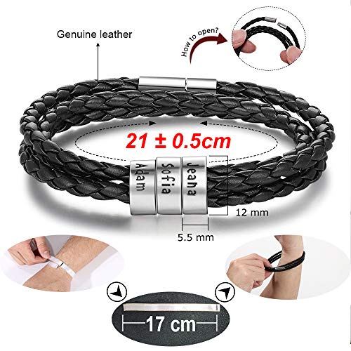 DaMei Personalizada Pulseras para Hombre Cuero con Nombre para Familia Pareja Brazalete Plata Hombre Mujer Pulsera de España - Ideas Regalo para Hombre da Cumpleaños Aniversario