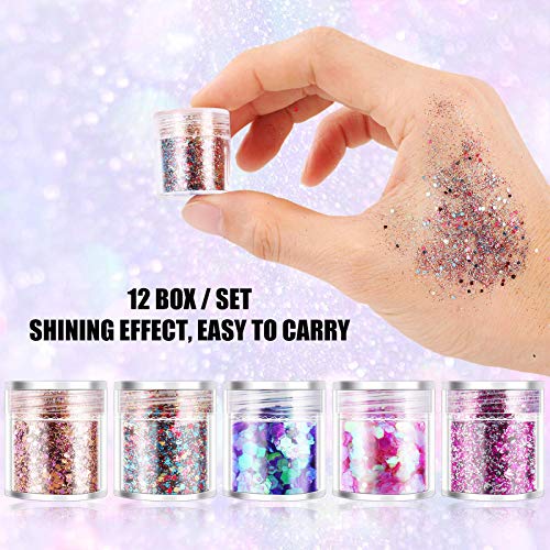 DazSpirit 12PCS Purpurinas Polvo, Chunky Glitter para Uñas Purpurina Cara Glitter para Uñas para Pelo, Uñas y Mejilla, Body Cosmetic