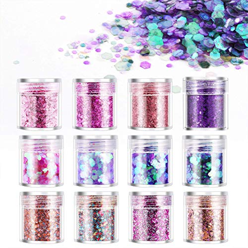 DazSpirit 12PCS Purpurinas Polvo, Chunky Glitter para Uñas Purpurina Cara Glitter para Uñas para Pelo, Uñas y Mejilla, Body Cosmetic