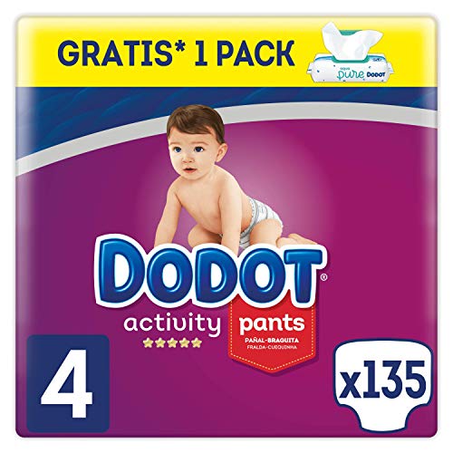 Dodot Activity Pants Pañal-Braguita Talla 4, 135 Pañales, 9-15kg + Dodot Aqua Pure Toallitas para bebé, 1 Pack de 48 Toallitas Gratis