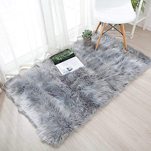 DQMEN Piel de Cordero Oveja/Sheepskin Rug Cordero, imitación mullida Alfombras imitación Piel sintética Deko Piel,para salón Dormitorio baño sofá Silla cojín (Gris, 60 X 90cm)