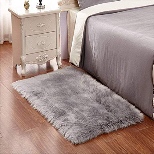 DQMEN Piel de Cordero Oveja/Sheepskin Rug Cordero, imitación mullida Alfombras imitación Piel sintética Deko Piel,para salón Dormitorio baño sofá Silla cojín (Gris, 60 X 90cm)