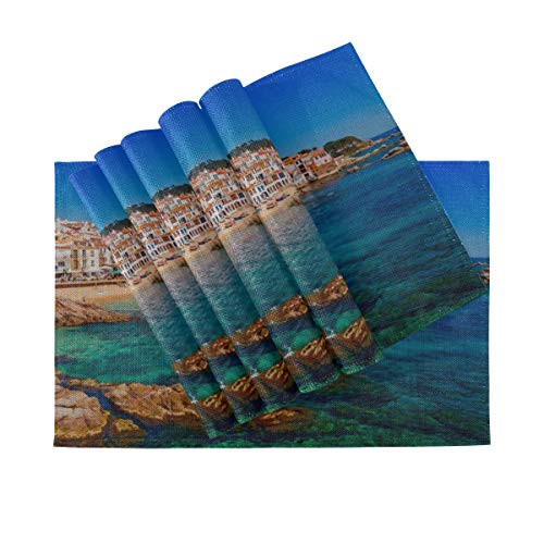 DUKAI Mantel Individual Sea Landscape Calella De Palafrugell Catalonia, Mantel Antideslizante Resistente al Calor, Apto para Mesa de Comedor, hogar, Cocina, Oficina y Exterior, Juego de 6