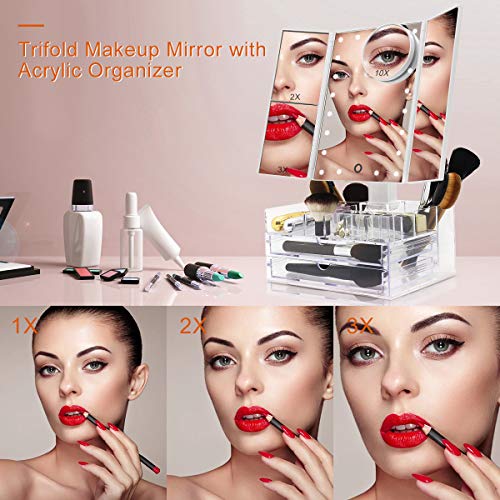 Espejo Maquillaje Iluminado Triple con Caja Organizadora de Almacenamiento de Acrílico, Espejo de Mesa con luces Vanity, Aumento 2X 3X 10X, 21 LED Toque Escritorio Cosmético con Espejo Iluminado