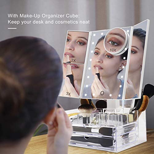 Espejo Maquillaje Iluminado Triple con Caja Organizadora de Almacenamiento de Acrílico, Espejo de Mesa con luces Vanity, Aumento 2X 3X 10X, 21 LED Toque Escritorio Cosmético con Espejo Iluminado