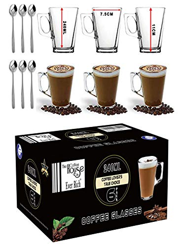 EVER RICH Taza de té café Latte de 240/300 ml (Adecuada para Tassimo y Dolce Gusto) Juego de 4 o 6 Vasos (240ML + Spoons)