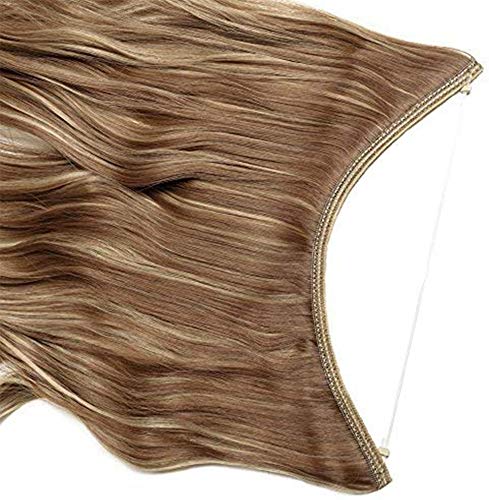 Extensiones de Cabello Natural con Hilo Invisible Sin Clip Pelo Sintético Una Pieza Rizada Postizos de Pelo Pelucas 20"(50cm,90g,Castaño Claro mezcla Rubio Ceniza)