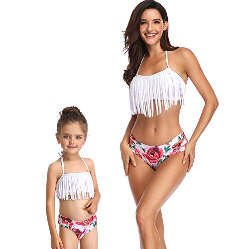 FeelinGirl Madre e Hija Bikini de 2 Piezas Volantes Estampado Floral Bañador Bandeau Sexy y Triángulo Bragas de Cintura Alta Conjunto de Traje De Baño para Familia Verano Playa Blanco S(Talla 38)