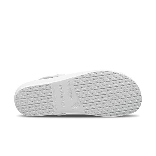 Feliz Caminar/Zuecos Sanitarios Marin (Naturfly) / Correa Unisex Antideslizantes Cómodos Hombre y Mujer. Zapatillas de Estar por Casa/Blanco 38